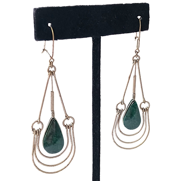 Malachite Green Stone Wire Design Earrings Teardrop Dangle Dainty Bohemian Gypsy - Picture 4 of 16